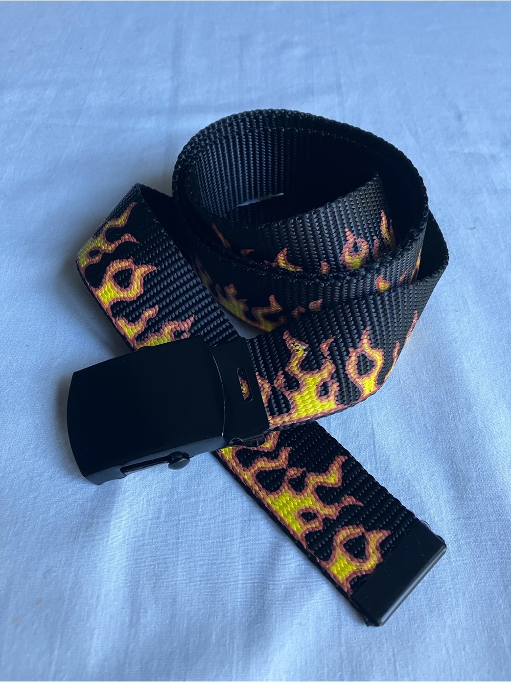 Ratchet Belt black yellow orange flame pattern Adjustable vintage Y2K 90s